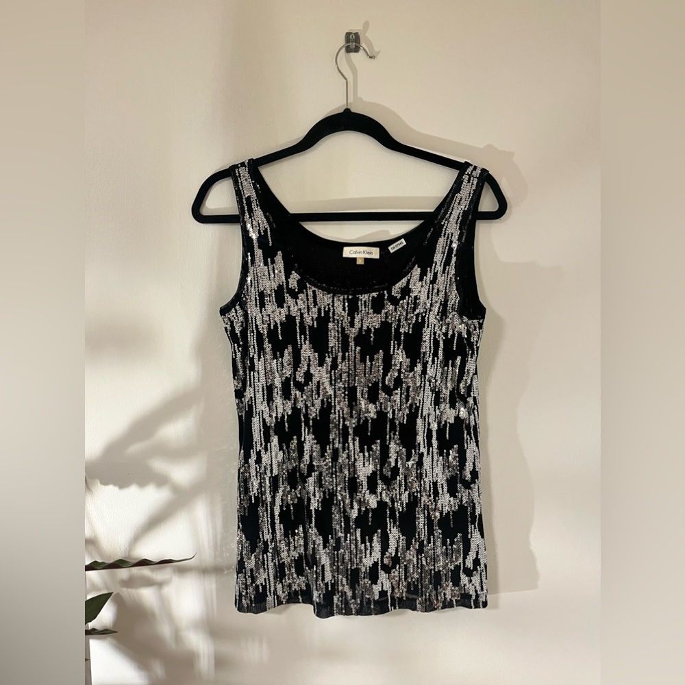 Calvin Klein Black with Silver Sequins Front & Back Tank Top Size M Lined